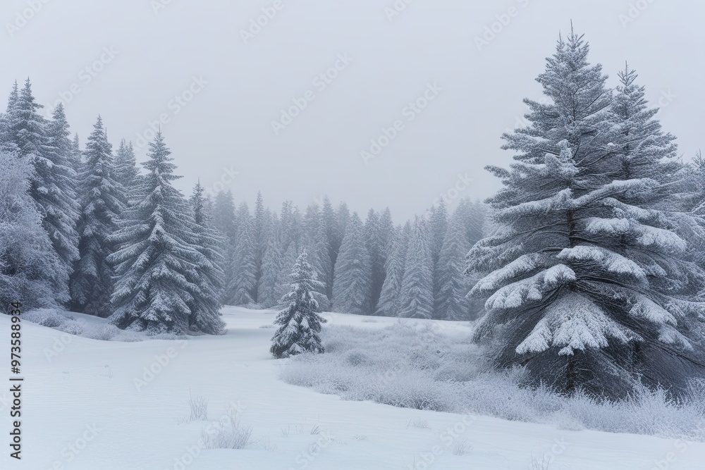 Frosty Winter Scenery with Snow-Covered Pine Trees and Ample Blank Space Frosty Winter Scenery with Snow-Covered Pine Trees and Ample Blank Space