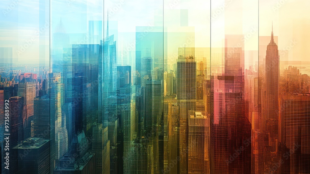 Abstract city skyline with a rainbow color palette. Abstract city skyline with a rainbow color palette.