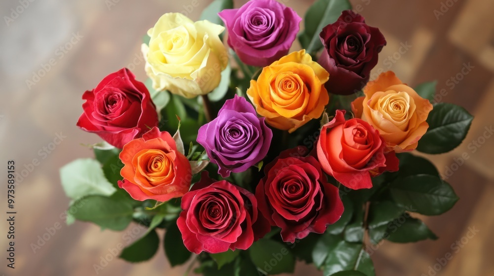 A beautifully arranged bouquet of roses of different colors, symbolizing love, joy, and friendship