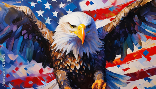 Proud majestic american bald eagle head over United States of America USA country flag as full background. 4th of July, independence day, veterans day, patriotism celebration oil painting wallpaper.