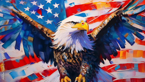 Proud majestic american bald eagle head over United States of America USA country flag as full background. 4th of July, independence day, veterans day, patriotism celebration oil painting wallpaper.