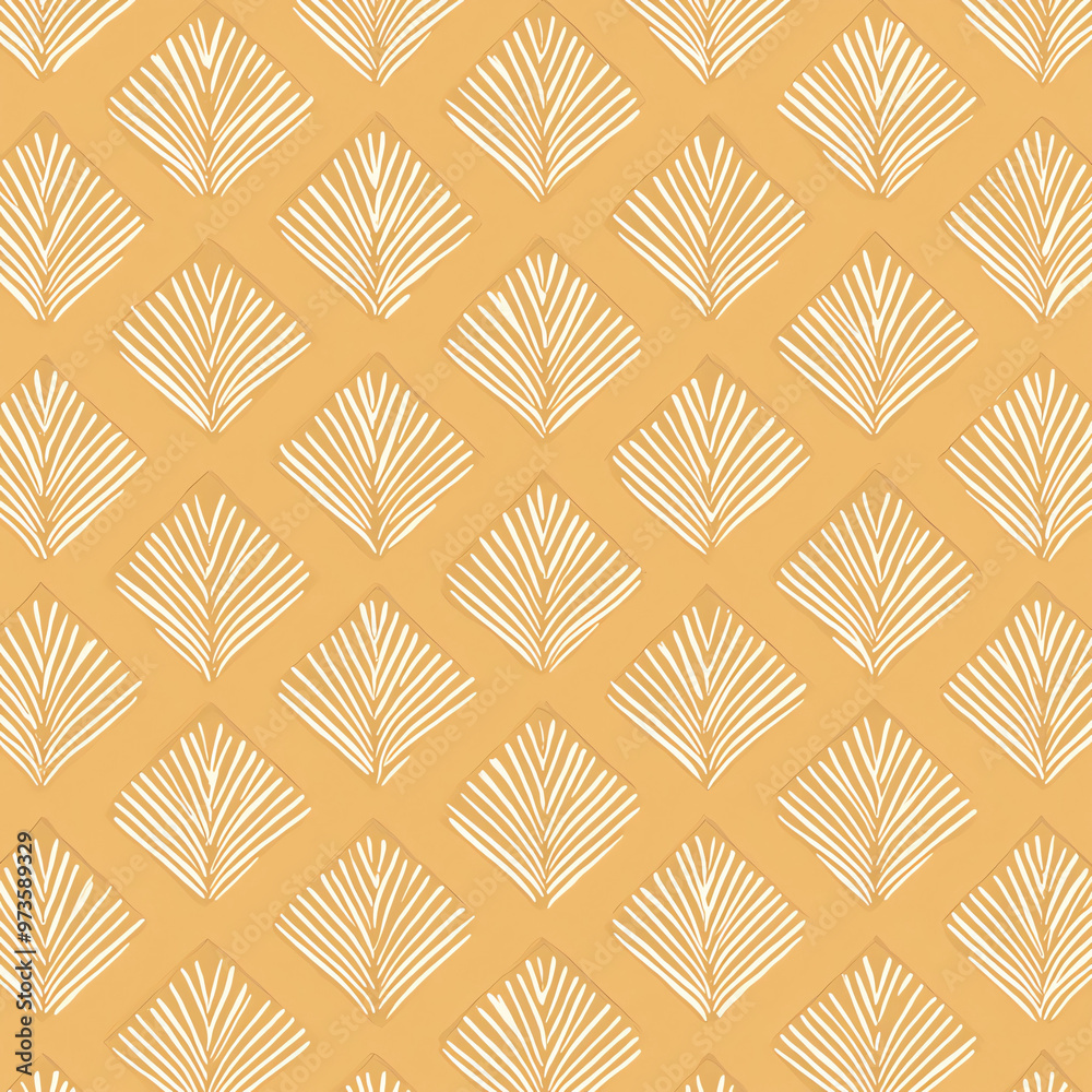 A seamless pattern of an art deco-style repeating geometric palm leaf design in white on a warm mustard yellow background A seamless pattern of an art deco-style repeating geometric palm leaf design in white on a warm mustard yellow background