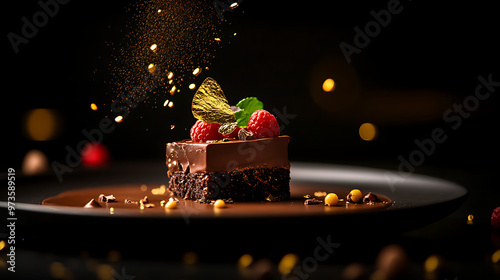 A decadent chocolate cake topped with raspberries and gold flakes, drizzled with chocolate sauce. photo