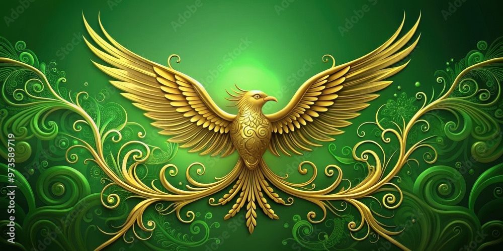 Golden and green bird with a gold wing surrounded by swirls on a green background, nature, animal, bird, gold, green, wing Golden and green bird with a gold wing surrounded by swirls on a green background, nature, animal, bird, gold, green, wing