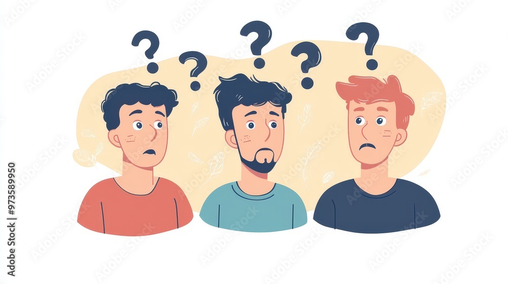Clean vector illustration of three men with concerned and uncertain looks, each with a question mark above their heads. The design uses straightforward shapes and soft colors on a white background to Clean vector illustration of three men with concerned and uncertain looks, each with a question mark above their heads. The design uses straightforward shapes and soft colors on a white background to