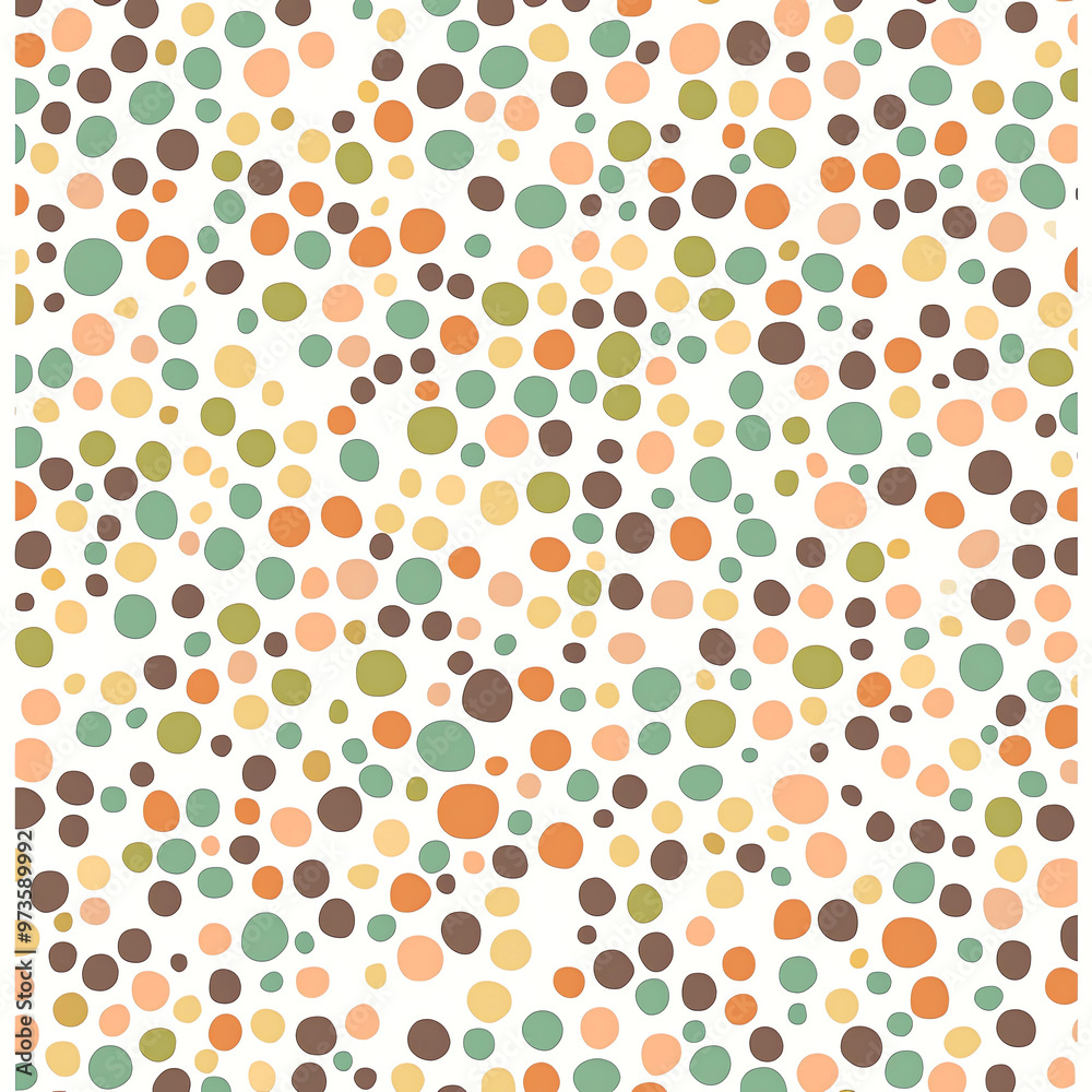 An illustration of polka dots in pastel green, brown, and orange colors on a white background. An illustration of polka dots in pastel green, brown, and orange colors on a white background.