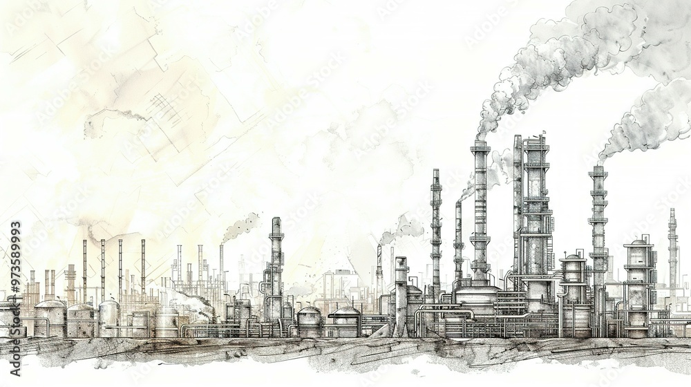 A Sketch of a Factory with Smoke Plumes