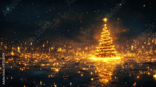 A glowing, starry Christmas tree stands on a dark, water surface. The tree is lit with golden lights, creating a magical and festive atmosphere.