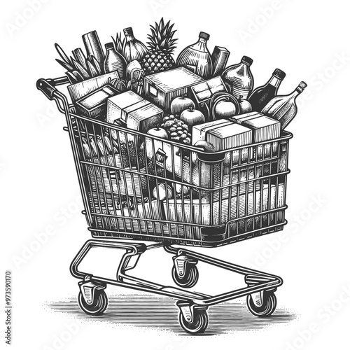 fully loaded shopping cart filled with groceries, including fruits, beverages, and packaged goods sketch engraving generative ai vector illustration. Scratch board imitation. Black and white image.