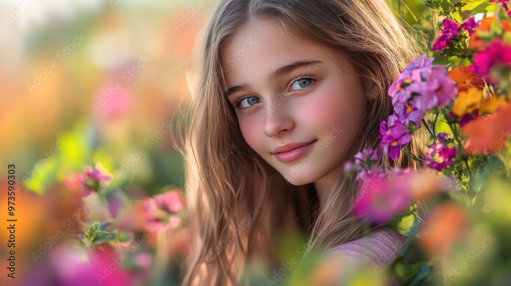 A cute girl with a fair complexion, posing playfully in a colorful garden with a soft smile and sparkling eyes A cute girl with a fair complexion, posing playfully in a colorful garden with a soft smile and sparkling eyes