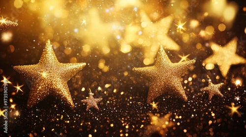 Golden glitter stars on a dark background with bokeh lights.