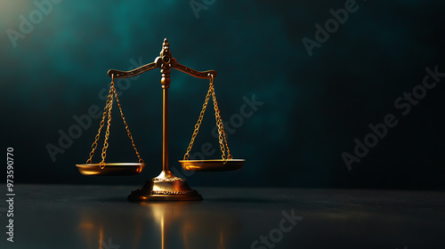 A golden scale of justice stands against a dark, moody background. The scales are balanced, symbolizing fairness and equality.