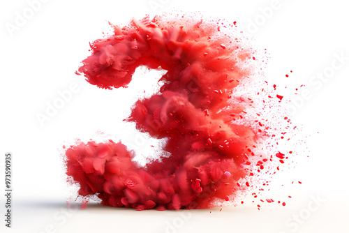 Number from red dust or smoke on white background. Character Number 3 % three percent with particles on abstract texture background. Realistic for advertising design clipart template pattern. photo