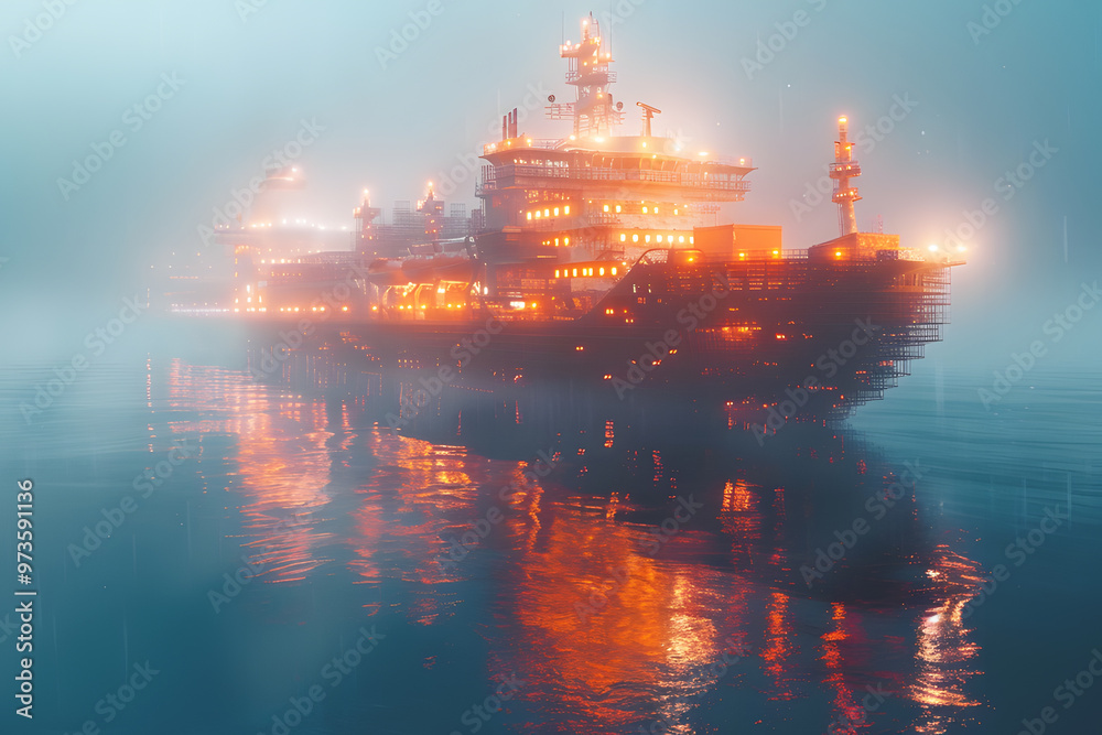 Holographic large cargo ship, vessel in sea and sky on golden yellow light background. Logistics and technology tracking shipment delivery, Container port. Global business import export transportation Holographic large cargo ship, vessel in sea and sky on golden yellow light background. Logistics and technology tracking shipment delivery, Container port. Global business import export transportation