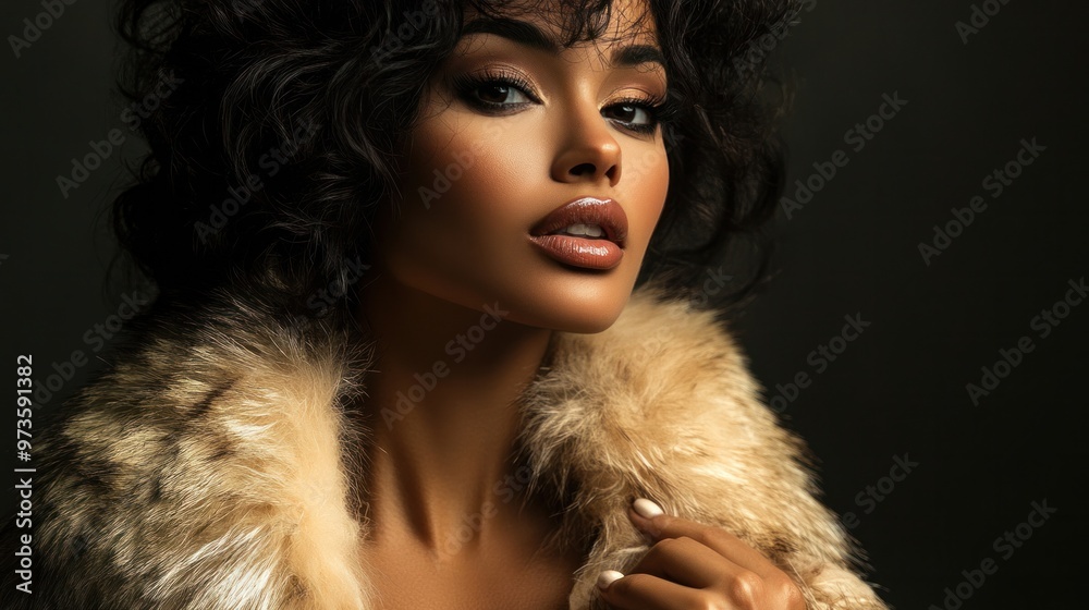 A glamorous woman in a luxurious fur coat, captured in a dramatic pose under soft studio lighting A glamorous woman in a luxurious fur coat, captured in a dramatic pose under soft studio lighting