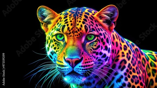 Vibrant neon colored leopard with bold and eye-catching patterns, neon, colored, leopard, vibrant, bold, eye-catching, animal, print