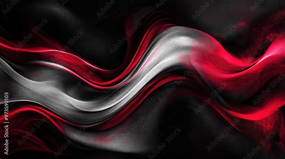 Abstract red and white wavy lines on a black background.