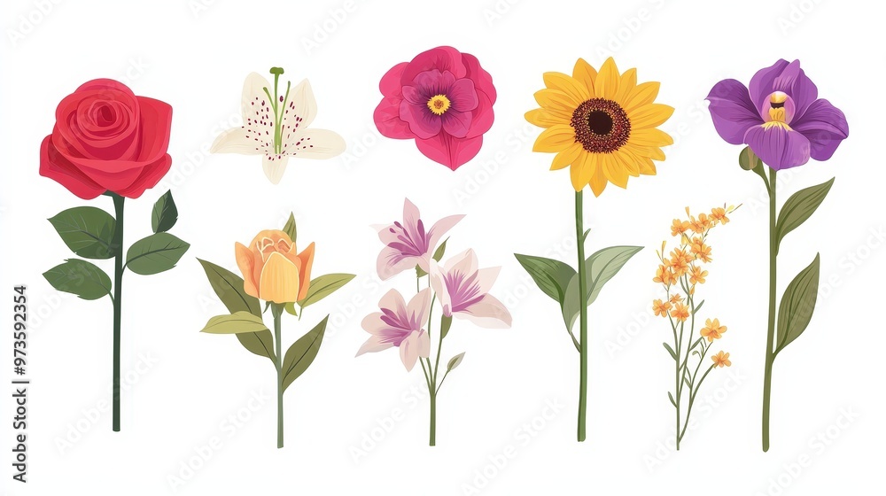 Obraz premium Minimalist Floral Composition with Roses, Sunflowers, Lilies, and Orchids in Vibrant Flat Design on White Background, Highlighting Beauty of Nature