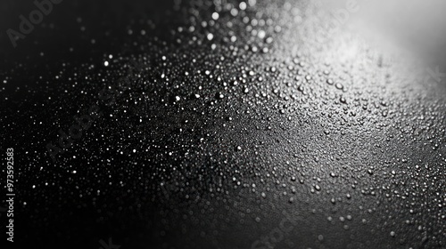 Close up of water droplets on a black surface.