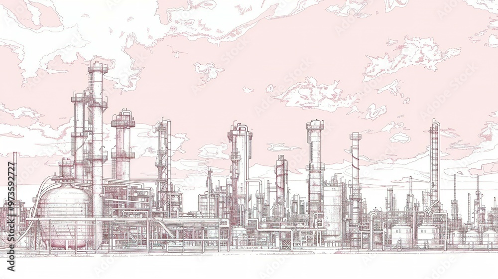 Obraz premium A Sketch of an Industrial Complex Against a Pink Sky