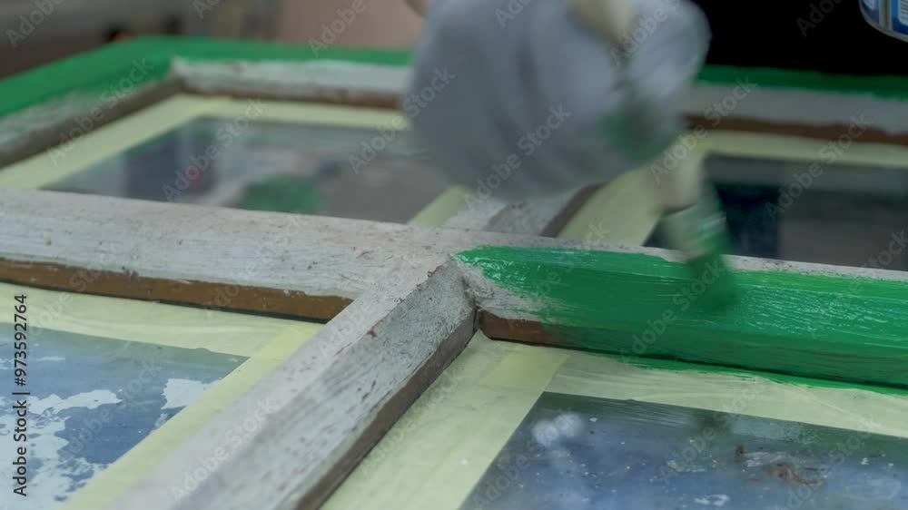 Wooden window painted green wearing gloves. Applied with brush. Patch of old wooden surface, showing through cracked and flaking paint. Handiwork, restore woodwork outdoor