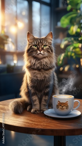 Beautiful Tabby Cat Sitting on a Table Next to a Delicious, Exquisite, Energizing, and Freshly Brewed Cup of Coffee, with Bokeh Lights in the Night Background.