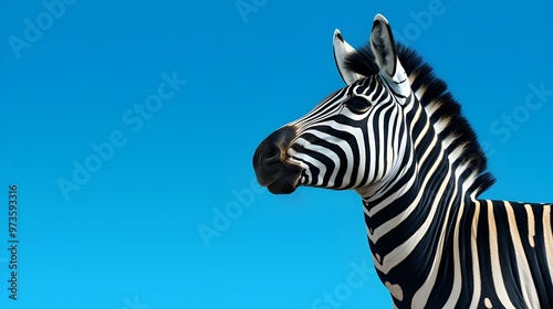 portrait of a zebra on blue background.