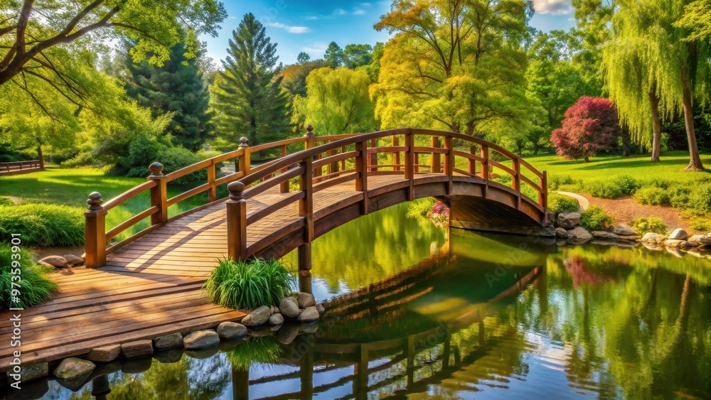 A beautiful wooden bridge in a peaceful park setting , Bridge, Wooden, Park, Nature, Peaceful, Scenic, Outdoors A beautiful wooden bridge in a peaceful park setting , Bridge, Wooden, Park, Nature, Peaceful, Scenic, Outdoors