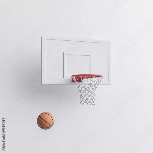 A basketball hoop on a white wall with a ball flying at the target nice 3d render