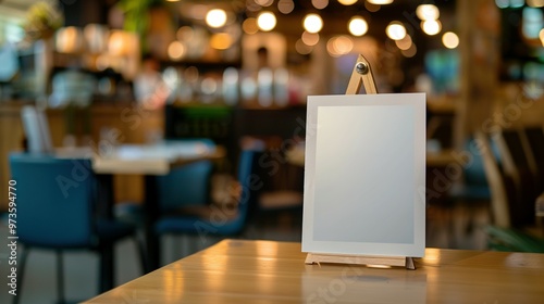 Blank Sign on a Wooden Tabletop in a Restaurant Setting