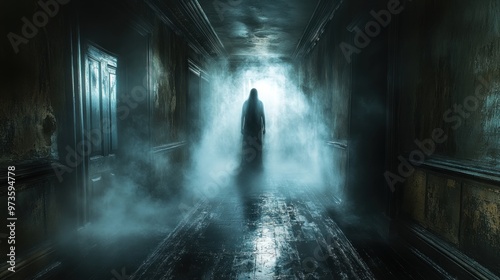 A shadowy figure stands in a foggy, dimly lit hallway.