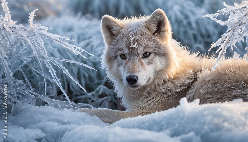 Obraz premium wolf in the blanket of fog and ice crystals