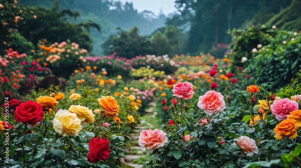 A vibrant rose garden in full bloom, with rows of colorful roses set against a backdrop of lush greenery A vibrant rose garden in full bloom, with rows of colorful roses set against a backdrop of lush greenery