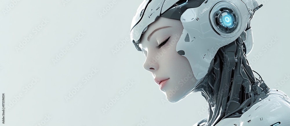 Futuristic Female Cyborg Robot 3D render showcasing a robot representing artificial intelligence and automation in modern production environments Futuristic Female Cyborg Robot 3D render showcasing a robot representing artificial intelligence and automation in modern production environments