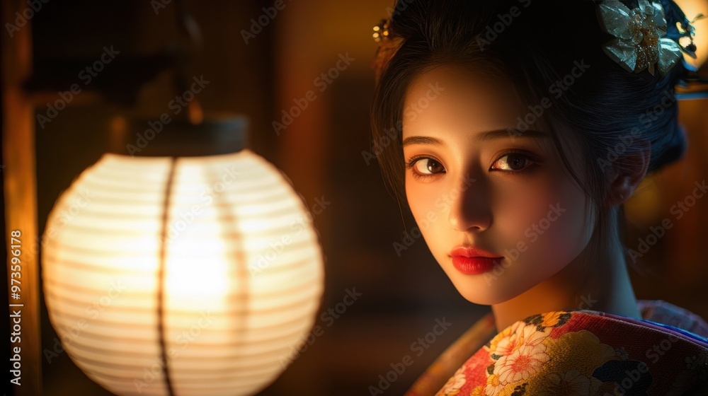 Naklejka premium A Japanese beauty with porcelain skin, softly lit by the warm glow of a lantern in a dimly lit room, highlighting her delicate features