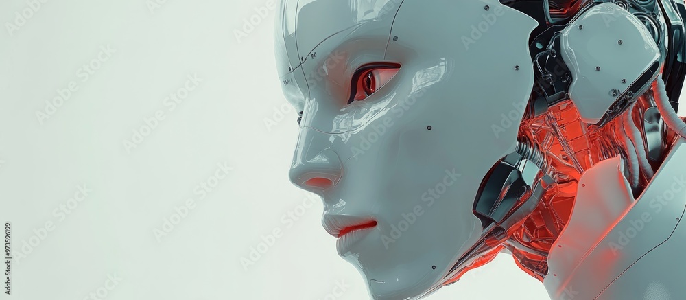 Futuristic cyborg head or robotic face in a close up view Isolated on a neutral background 3D rendering