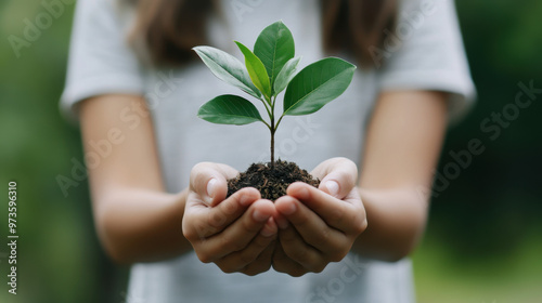 Close-up of hands gently holding a young plant with soil, representing growth, care, and environmental awareness.