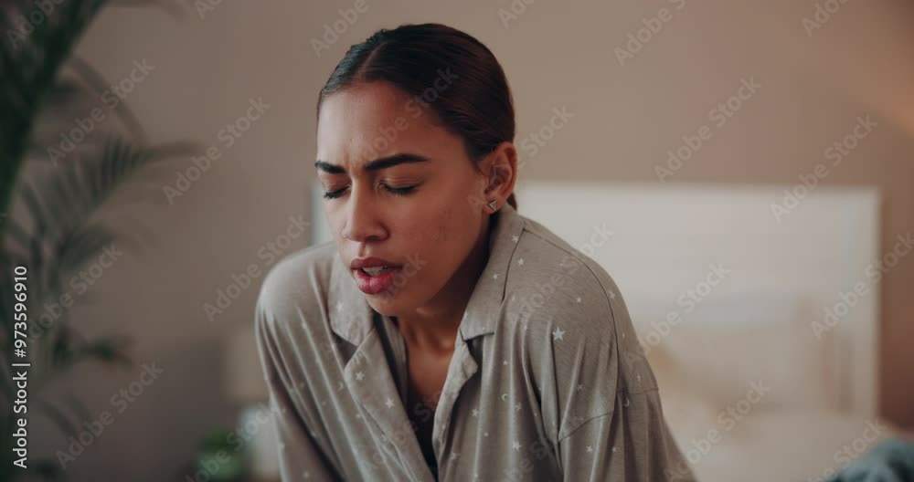 Woman, stomach and pain for morning sickness, cramps or food poisoning with indigestion or bloating. Female person, tummy ache and gut health with abdominal muscle, menstrual cycle and nausea in home Woman, stomach and pain for morning sickness, cramps or food poisoning with indigestion or bloating. Female person, tummy ache and gut health with abdominal muscle, menstrual cycle and nausea in home