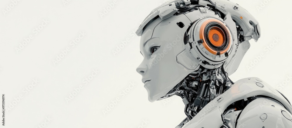 3D rendering of a humanoid robot wearing a headset against a white background 3D rendering of a humanoid robot wearing a headset against a white background