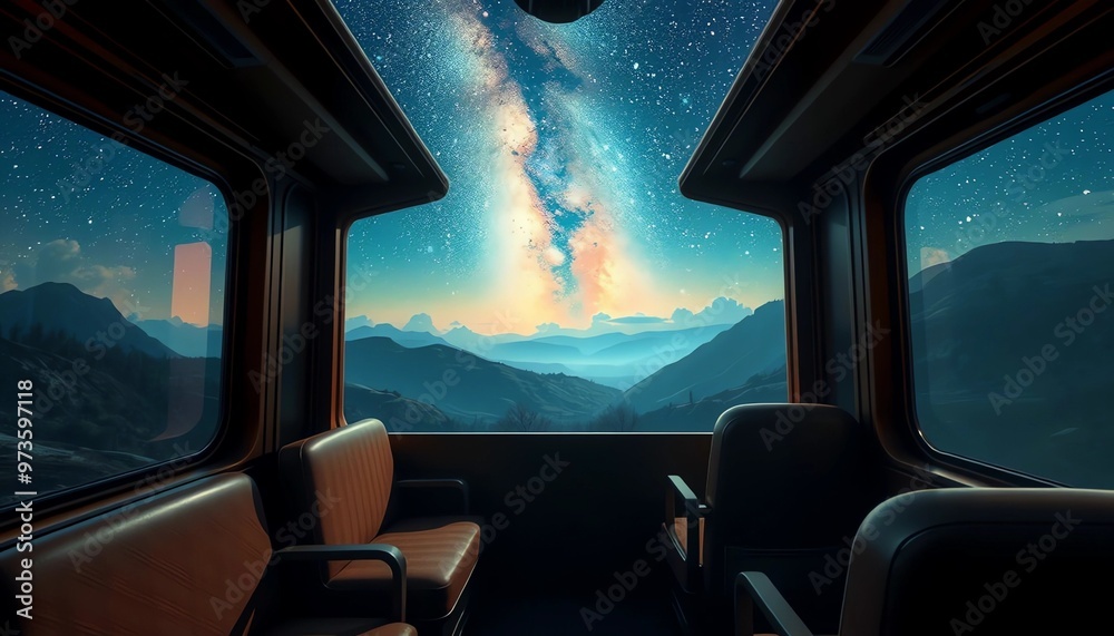 ゲーム背景 銀河の星空が地平線まで続く線路が見える屋根のないパノラマ列車の先頭席 ゲーム背景 銀河の星空が地平線まで続く線路が見える屋根のないパノラマ列車の先頭席