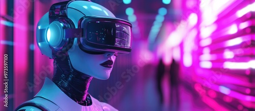 Futuristic humanoid robot wearing VR glasses set in a neon lit virtual environment showcasing advanced technology and a sleek cybernetic design