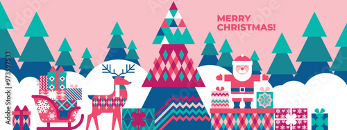Christmas background with creative tree, funny santa claus, deer, sled, many gifts in beautiful packaging on winter landscape background. Banner, postcard, invitation, advertising