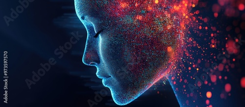 Abstract digital representation of a human face showcasing artificial intelligence concepts rendered in 3D photo