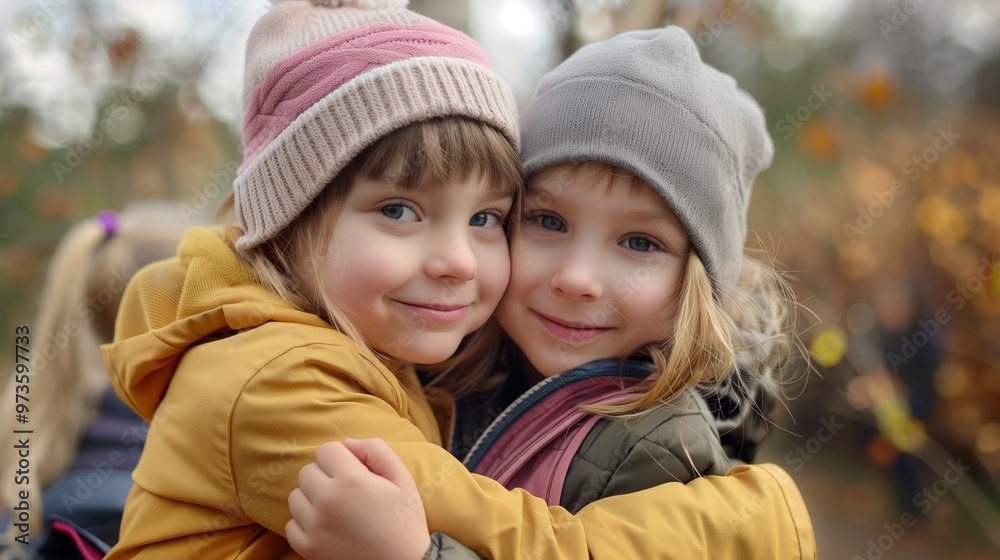 Obraz premium Two young children, dressed warmly in jackets and beanies, share a heartfelt embrace outdoors, their faces glowing with smiles and capturing the joy and innocence of childhood friendship.