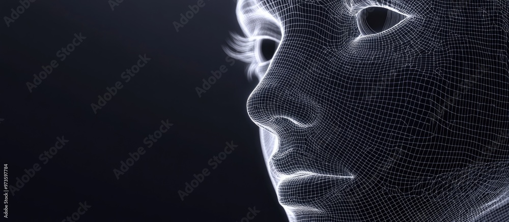 3D wireframe representation of a young female face against a contrasting background symbolizing technology cyborgs digital avatars and futuristic concepts in science and fiction 3D wireframe representation of a young female face against a contrasting background symbolizing technology cyborgs digital avatars and futuristic concepts in science and fiction