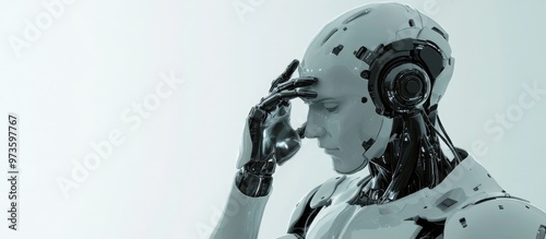 Male cyborg pondering and touching his head set against a white background rendered in 3D