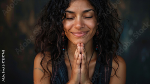 Obraz na płótnie latino Pretty woman smiling Hands folded in prayer model background png file w salonie