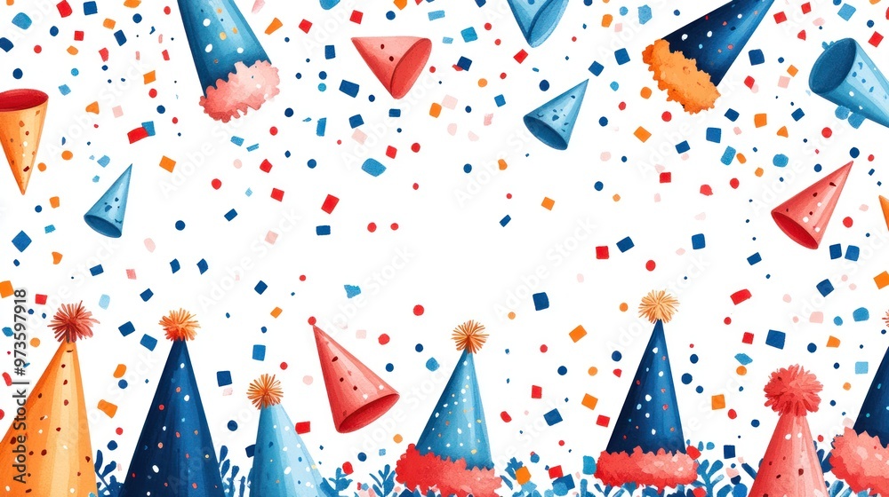 Colorful party hats and confetti create a festive atmosphere. Colorful party hats and confetti create a festive atmosphere.