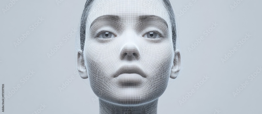3D wireframe illustration of a young female face on a gray background symbolizing concepts of technology cyborgs digital avatars and futuristic science fiction 3D wireframe illustration of a young female face on a gray background symbolizing concepts of technology cyborgs digital avatars and futuristic science fiction