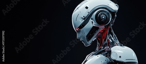 Profile view of a futuristic humanoid robot showcasing intricate cyborg features Upper body displayed against a black background 3D render